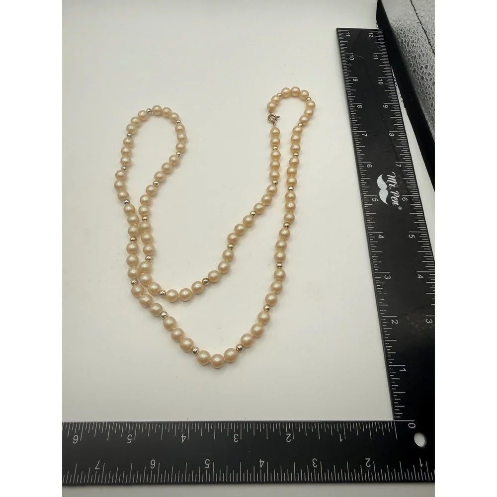 Vintage Faux Pearl Strand Necklace Gold Tone Spacer Beads Cream 22 Inch‎ Classic